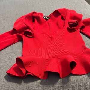 Express Scarlet V-Neck Sweater with Ruffles